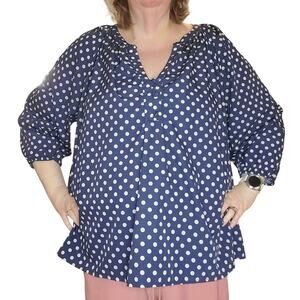 eShakti 4X Polka Dot Blouse Blue White Peasant Boho Plus Size TINY FLAW